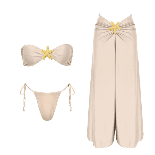 3-częściowe Błyszczące Bikini Bandeau z Narzutką - Seksowny Strój Kąpielowy Damski, Bez Ramiączek, Gwiezdne Detalesse