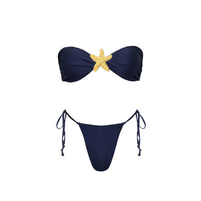 3-częściowe Błyszczące Bikini Bandeau z Narzutką - Seksowny Strój Kąpielowy Damski, Bez Ramiączek, Gwiezdne Detalesse