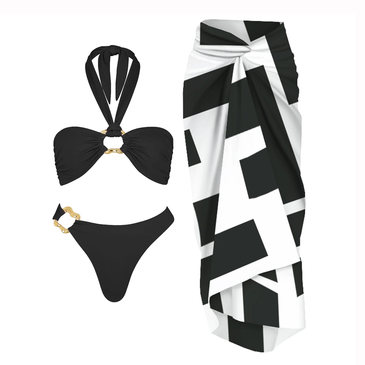 3-częściowe Błyszczące Bikini Bandeau z Narzutką - Seksowny Strój Kąpielowy Damski, Bez Ramiączek, Gwiezdne Detalesse