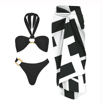 3-częściowe Błyszczące Bikini Bandeau z Narzutką - Seksowny Strój Kąpielowy Damski, Bez Ramiączek, Gwiezdne Detalesse