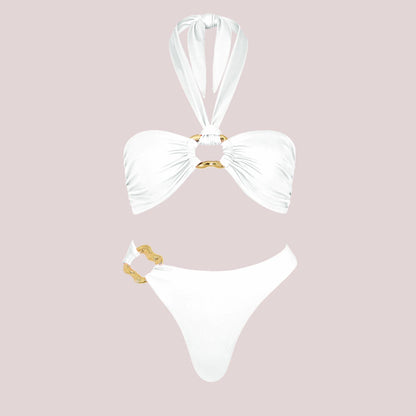 3-częściowe Błyszczące Bikini Bandeau z Narzutką - Seksowny Strój Kąpielowy Damski, Bez Ramiączek, Gwiezdne Detalesse
