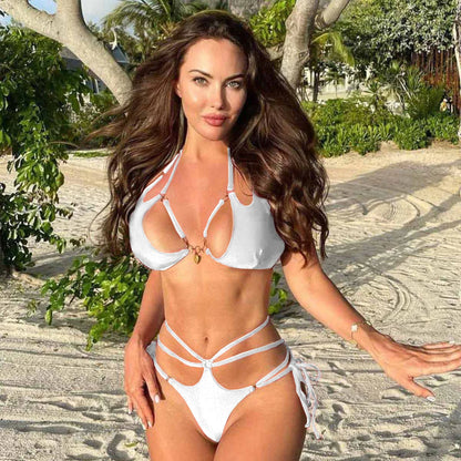 Bikini z Wycięciami i Liściastym Nadrukiem - Seksowny Strój Kąpielowy Push Up na Plażę i Party