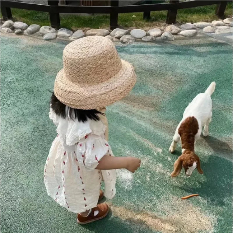 Mama i Córka Słomkowy Kapelusz Przeciwsłoneczny z Ręcznie Robionym Plecionym Rondem i Wiązaniem - Retro Styl na Plażę i Wakacje, Ochrona UV, Idealny na Lato 2025