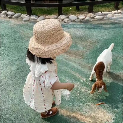 Mama i Córka Słomkowy Kapelusz Przeciwsłoneczny z Ręcznie Robionym Plecionym Rondem i Wiązaniem - Retro Styl na Plażę i Wakacje, Ochrona UV, Idealny na Lato 2025