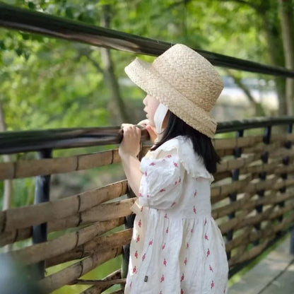 Mama i Córka Słomkowy Kapelusz Przeciwsłoneczny z Ręcznie Robionym Plecionym Rondem i Wiązaniem - Retro Styl na Plażę i Wakacje, Ochrona UV, Idealny na Lato 2025