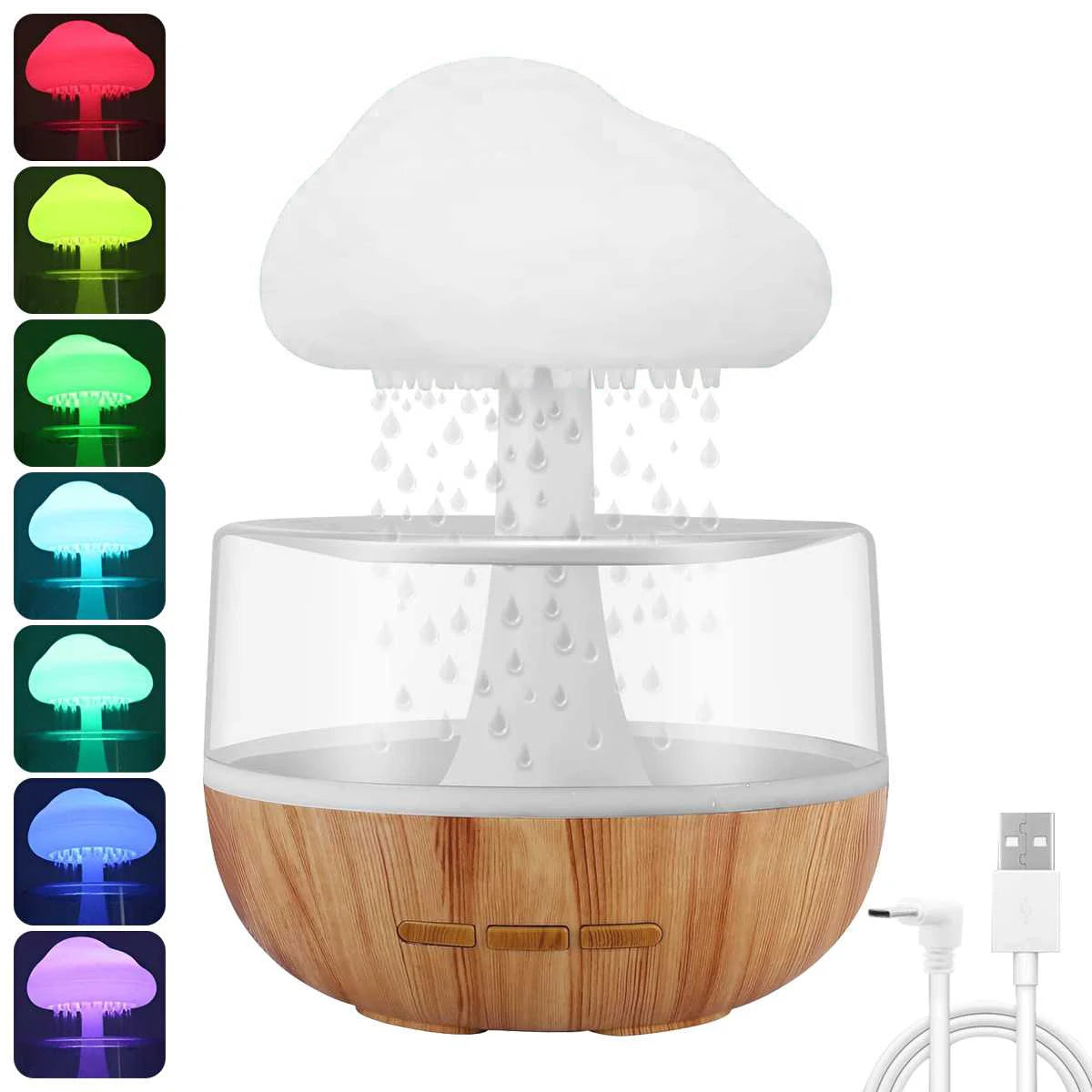 Nawilżacz Powietrza Chmurka Deszczowa - Kolorowa Lampka Nocna Grzybek, Dyfuzor Olejków Eterycznych, Gradient RGB 🌈