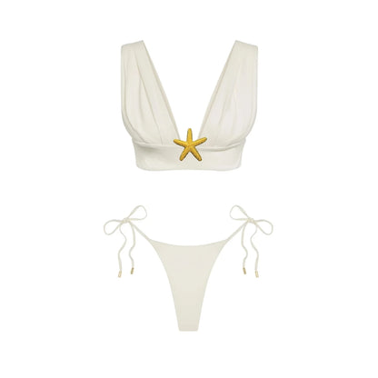 3-częściowe Błyszczące Bikini Bandeau z Narzutką - Seksowny Strój Kąpielowy Damski, Bez Ramiączek, Gwiezdne Detalesse