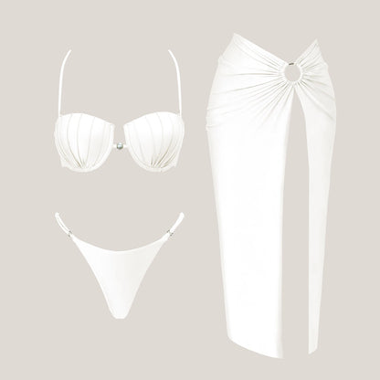 3-częściowe Błyszczące Bikini Bandeau z Narzutką - Seksowny Strój Kąpielowy Damski, Bez Ramiączek, Gwiezdne Detalesse
