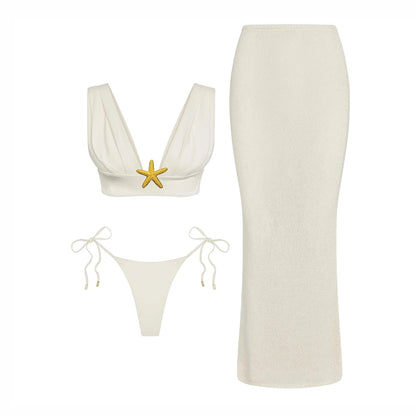 3-częściowe Błyszczące Bikini Bandeau z Narzutką - Seksowny Strój Kąpielowy Damski, Bez Ramiączek, Gwiezdne Detalesse