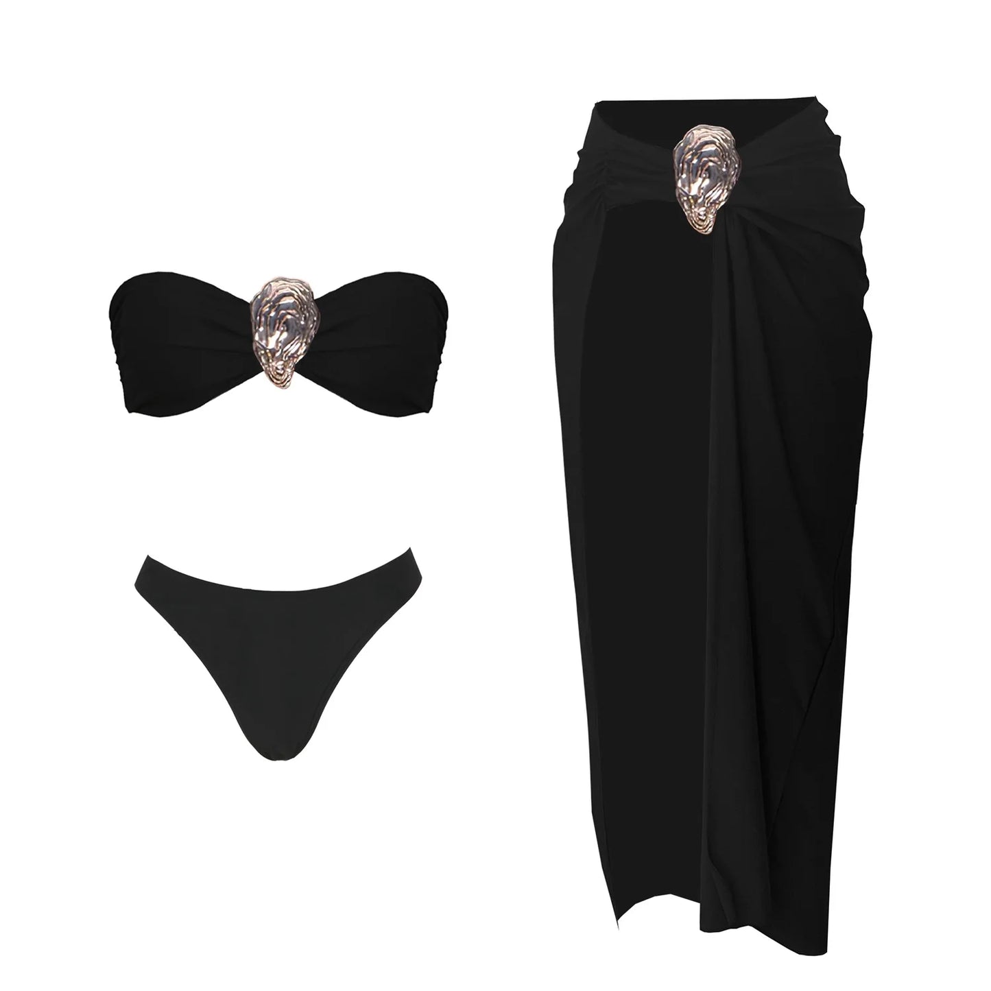3-częściowe Błyszczące Bikini Bandeau z Narzutką - Seksowny Strój Kąpielowy Damski, Bez Ramiączek, Gwiezdne Detalesse