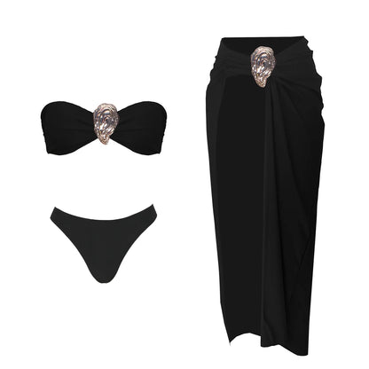 3-częściowe Błyszczące Bikini Bandeau z Narzutką - Seksowny Strój Kąpielowy Damski, Bez Ramiączek, Gwiezdne Detalesse