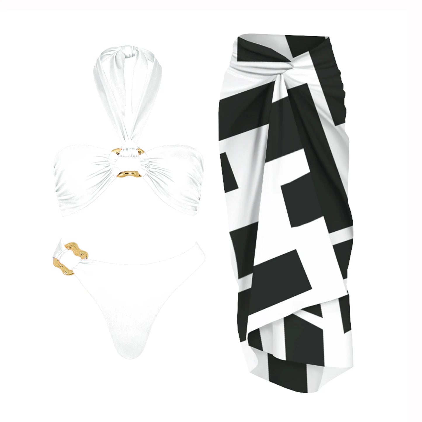 3-częściowe Błyszczące Bikini Bandeau z Narzutką - Seksowny Strój Kąpielowy Damski, Bez Ramiączek, Gwiezdne Detalesse