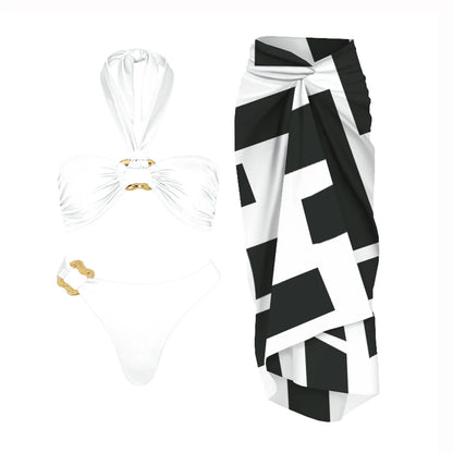3-częściowe Błyszczące Bikini Bandeau z Narzutką - Seksowny Strój Kąpielowy Damski, Bez Ramiączek, Gwiezdne Detalesse
