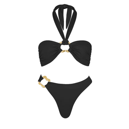 3-częściowe Błyszczące Bikini Bandeau z Narzutką - Seksowny Strój Kąpielowy Damski, Bez Ramiączek, Gwiezdne Detalesse