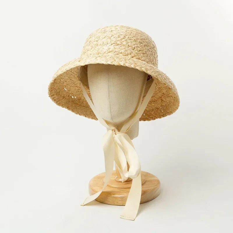 Mama i Córka Słomkowy Kapelusz Przeciwsłoneczny z Ręcznie Robionym Plecionym Rondem i Wiązaniem - Retro Styl na Plażę i Wakacje, Ochrona UV, Idealny na Lato 2025