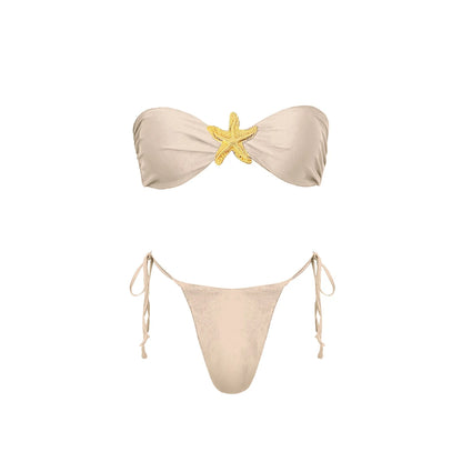 3-częściowe Błyszczące Bikini Bandeau z Narzutką - Seksowny Strój Kąpielowy Damski, Bez Ramiączek, Gwiezdne Detalesse