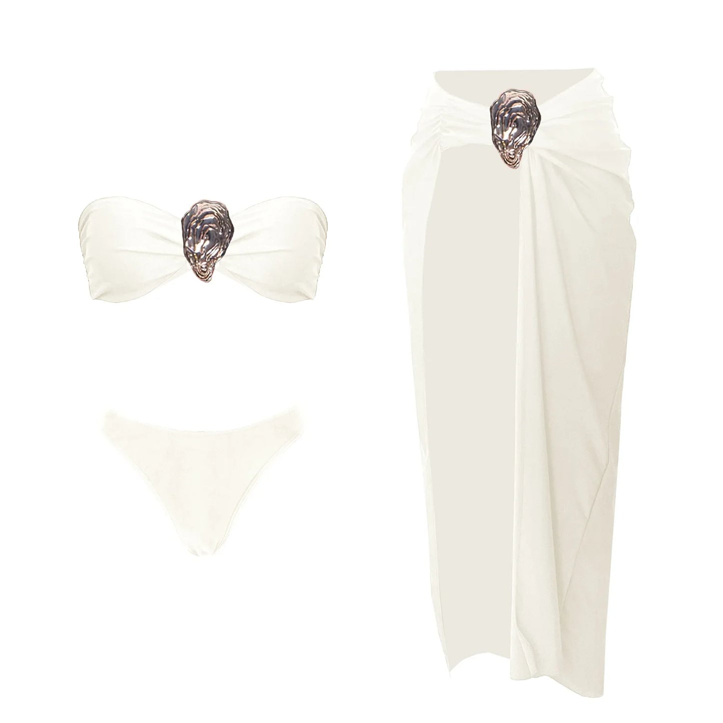 3-częściowe Błyszczące Bikini Bandeau z Narzutką - Seksowny Strój Kąpielowy Damski, Bez Ramiączek, Gwiezdne Detalesse