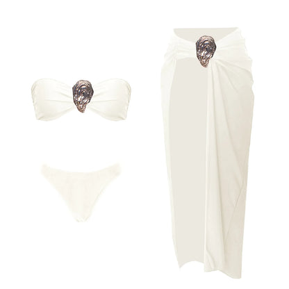 3-częściowe Błyszczące Bikini Bandeau z Narzutką - Seksowny Strój Kąpielowy Damski, Bez Ramiączek, Gwiezdne Detalesse