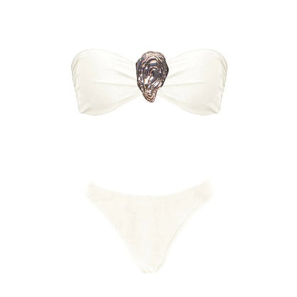 3-częściowe Błyszczące Bikini Bandeau z Narzutką - Seksowny Strój Kąpielowy Damski, Bez Ramiączek, Gwiezdne Detalesse