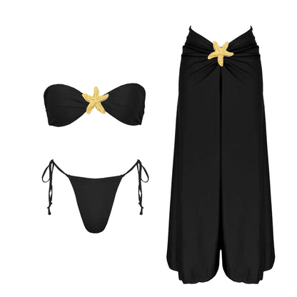 3-częściowe Błyszczące Bikini Bandeau z Narzutką - Seksowny Strój Kąpielowy Damski, Bez Ramiączek, Gwiezdne Detalesse