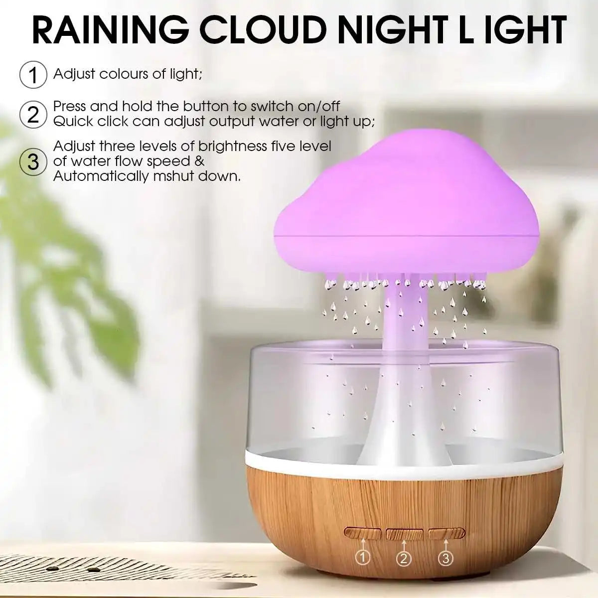 Nawilżacz Powietrza Chmurka Deszczowa - Kolorowa Lampka Nocna Grzybek, Dyfuzor Olejków Eterycznych, Gradient RGB 🌈