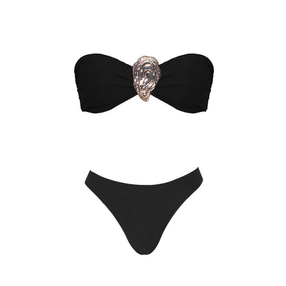 3-częściowe Błyszczące Bikini Bandeau z Narzutką - Seksowny Strój Kąpielowy Damski, Bez Ramiączek, Gwiezdne Detalesse